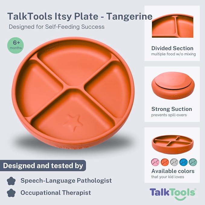 TalkTools Itsy Plate Must-Have Silicone Baby Plates with Suction | Non-Toxic Toddler Feeding Plate | Divided Portion | BPA-Free, Easy-Clean, Travel-Friendly Baby Dishware - Made in USA (Tangerine)