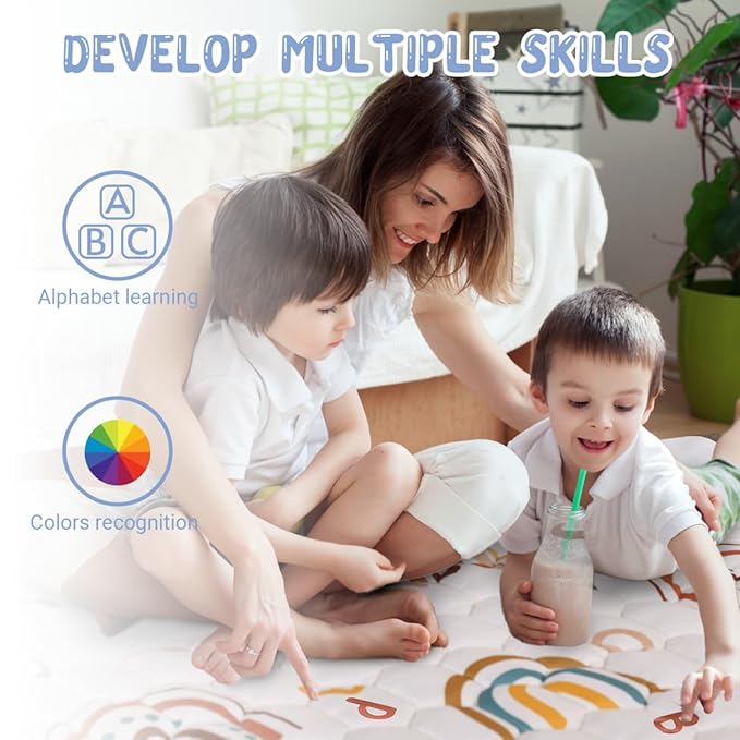 Boho Rainbow Baby Play Mat 71" X 59" Playpen Mat Thicken One-Piece Crawling Mat Non-Slip Cushioned Baby Floor Mat Letter Playmats for Babies Toddlers Infants Tummy Time Activity (71X59,Beige)