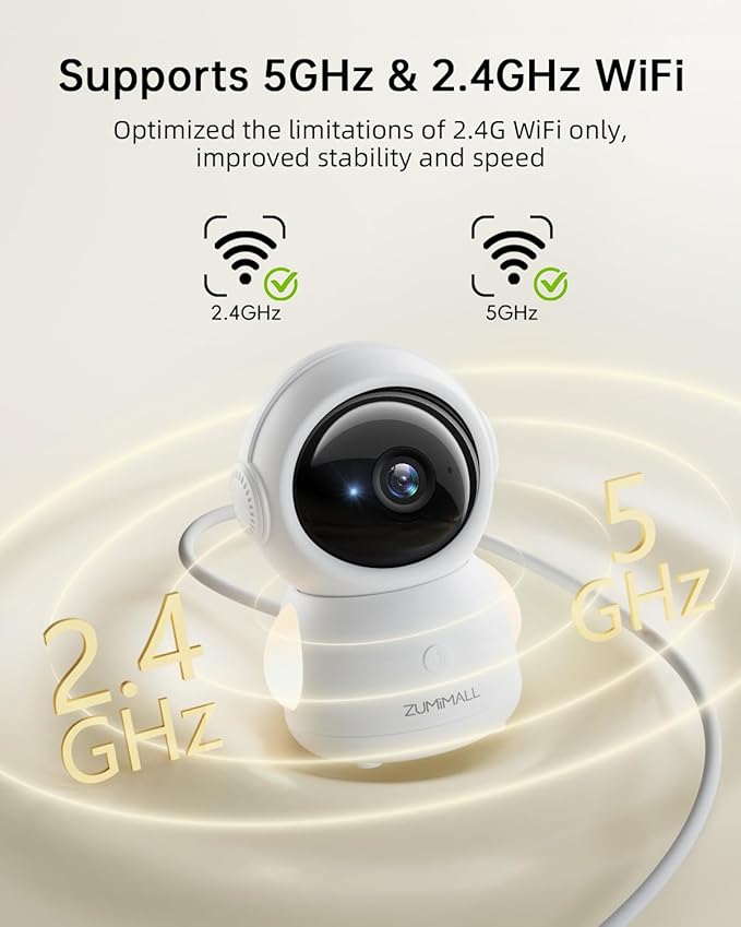 ZUMIMALL Security Camera Indoor, 5G/2.4G WiFi Baby Monitor with Camera and Audio, 2K Wired Pet Cameras for Home Security, One-Click Call, Auto Tracking, Cry/PIR/AI Detection, Alexa/ONVIF/Cloud