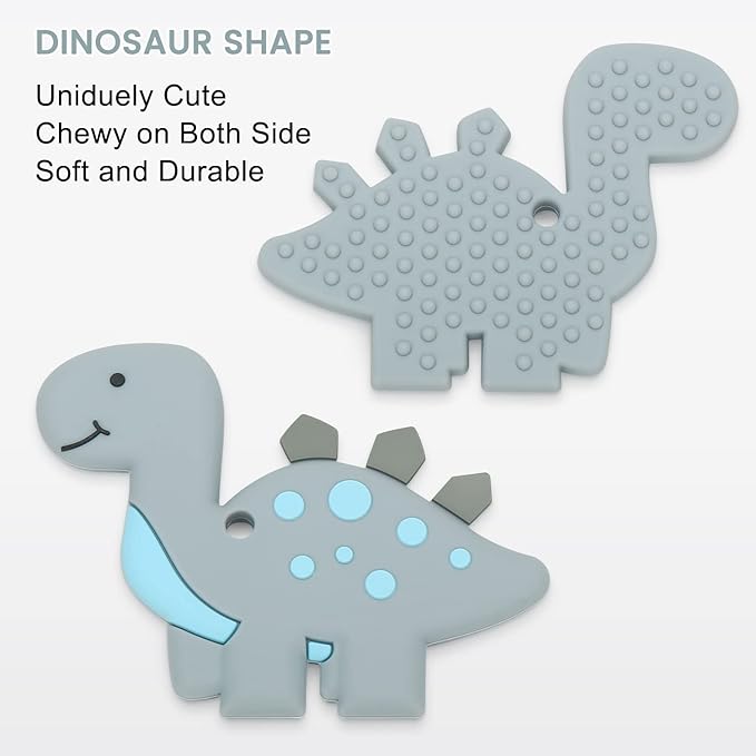 Teething Toys for Babies, Baby Teethers with Clip Silicone Baby Teether Toys for Boys and Girls Infant Teething Relief for Teething Dinosaur Shape, Gray