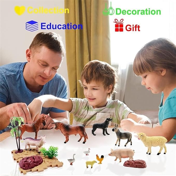 BOLZRA Farm Animal Figurines, Realistic Plastic Animals Toys with Fences Building Blocks, Farm Figures Playset Educational Birthday Gift for Kids & Toddlers, 53 PCS