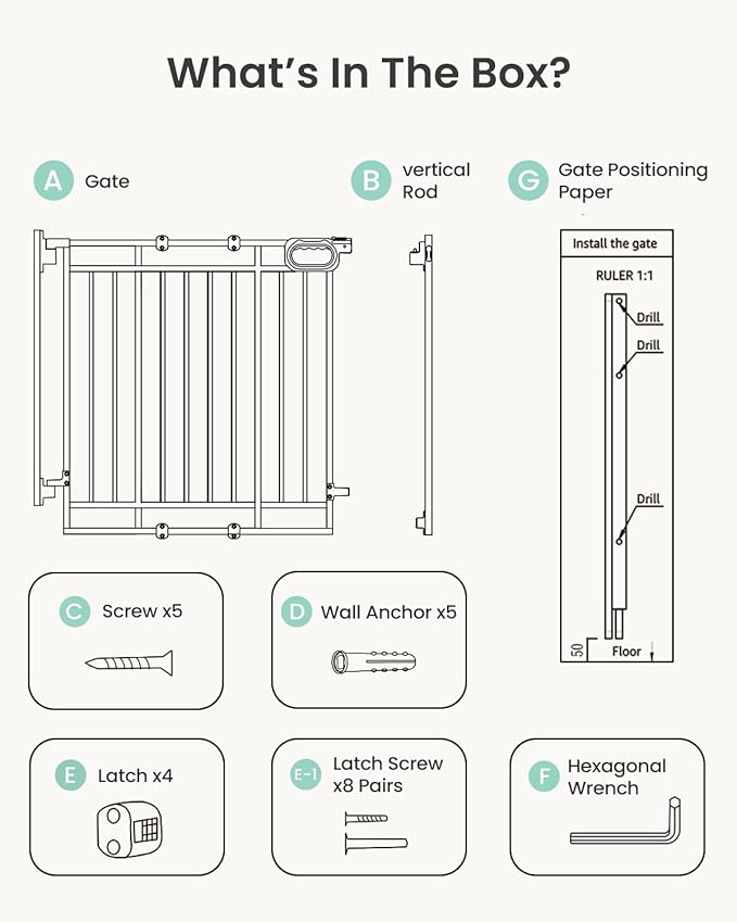 Grownsy Baby Gate for Stairs- No Bottom Bar, Adjustable Width 29.8” to 43.5” for Child and Pet, Dog Gate with Auto-Close & One-Hand Operation, Hardware-mounted Installation for Doorways and Indoor Use