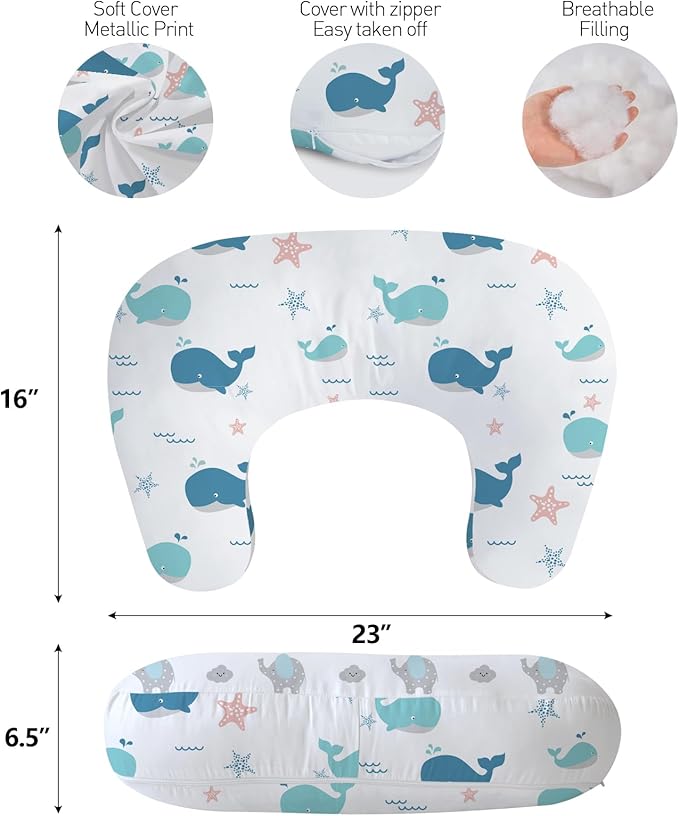 Little Grape Land New Nursing Pillow for Breastfeeding, Larger Breast Feeding Pillow and Positioner with Removable Cover for More Support, Tummy Time and Bottle Feeding Support Pillow, Whale