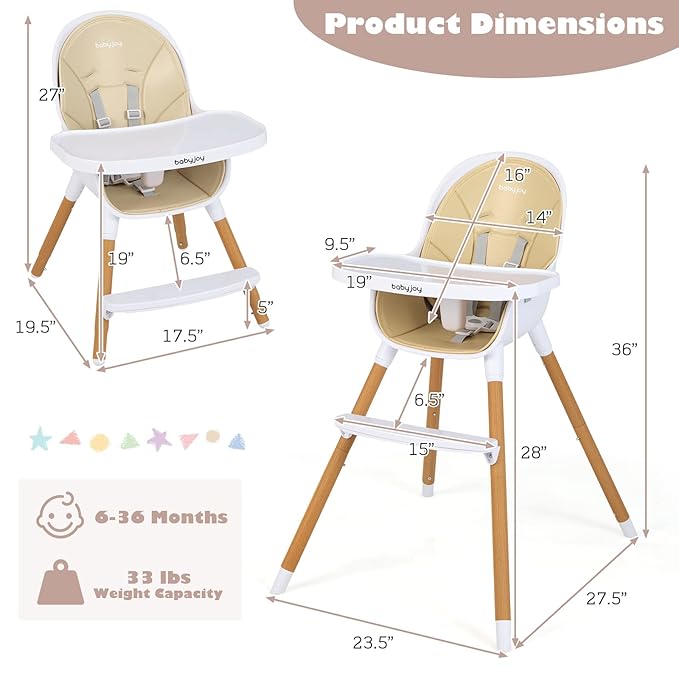 BABY JOY Convertible Baby High Chair, 3 in 1 Wooden Highchair/Booster/Chair with Removable Tray, Adjustable Legs, 5-Point Harness, PU Cushion and Footrest for Baby, Infants, Toddlers (Beige)