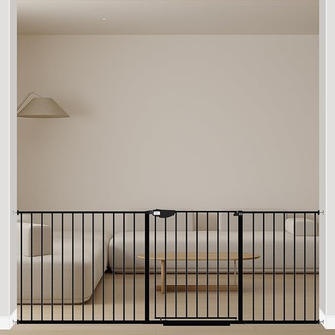 WAOWAO Triple Lock Baby Gate Extra Wide 81.49-86.22" Pressure Mounted Walk Through Swing Auto Close Safety Black Metal Dog Pet Puppy for Stairs,Doorways