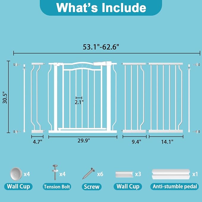 Extra Wide Baby Gate for Doorways 53.1"-62.6", Pressure Mounted Dog Gates With Door, Child Safety Barrier Walk Thru Indoor, Large Babygate Long for Kids Toddler Pet Outside, 30 In Tall White