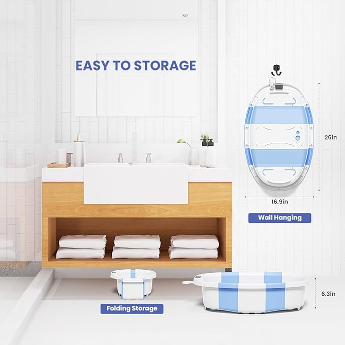 Collapsible Baby Bathtub, Baby Tubs for Newborns with Soft Cushion & Thermometer & Toy Organizer Mesh Bag, Infant Bathtub to Toddler 0-36 Months, Portable Travel Newborn Baby Bathtubs (Blue)