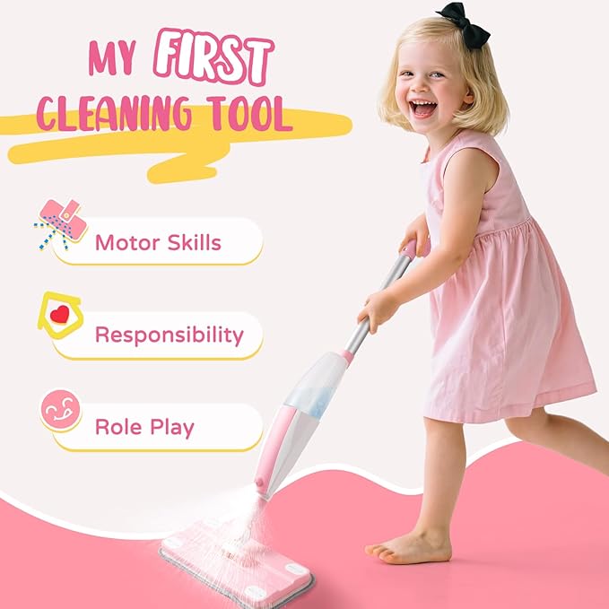Pink Mini Spray Mop for Toddler-Girls Montessori Cleaning Toy That Real Spray Water,Pretend Playhouse Essentials for Girls Ages 3-8,Toddler Educational Housekeeping Set