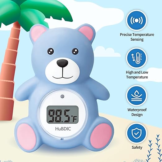 HubiBaby Baby Bath Thermometer & Digital Room Temperature, 2in1 Kids Bathroom Safety Products with Temperature Warning, Floating Teddy Bear (Blue)