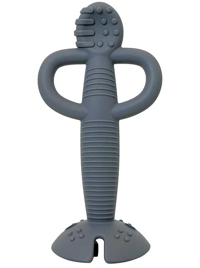 Busy Baby Teething Spoon - 2-in-1 Teether and Training Spoon for Self Feeding, Dishwasher Safe, BPA Free, Food Grade Silicone (Pewter)