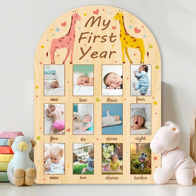 ORIGACH My First Year Baby Growth Photo Display Wood Board - 12 Months Newborn Milestones Photo Board - Neutral Baby Keepsake Frame 1st Birthday Party Nursery Decor New Mom Gift - Giraffe