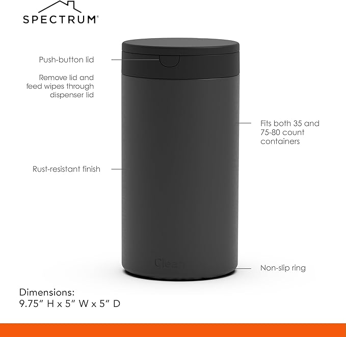 Spectrum Disinfecting Wipes Container with Push Button Lid - Refillable Dispenser for Bathroom, Kitchen, Classroom, Countertop, & Home - Stainless Steel & Rust-Resistant Disinfectant Wipes Holder