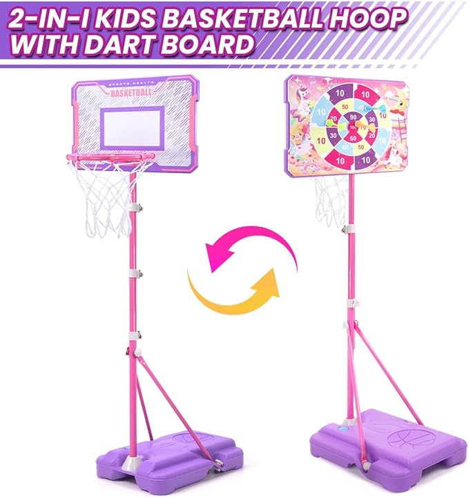 Meland Kids Basketball Hoop, Pink Basketball Hoop for Kids Toddler Basketball Hoop Outdoor & Indoor with Dart Board, Adjustable Height 3.4-6.2FT Birthday Gift Toys for Girls 3 4 5 6 7 8 Years Old