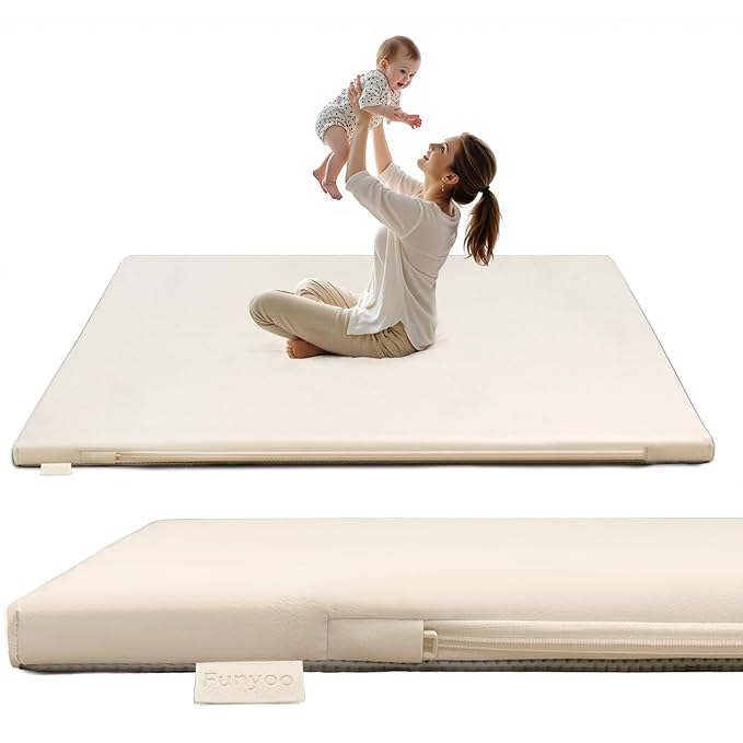 Padded 71" ×59" Large Baby Play Mat for Floor, 1.3" Thick Foam Mat with Soft Vegan Leather, Baby Tummy Time Playmat for Safe Play Area, Non-Slip Bottom, Fits 71" x59" Playpens