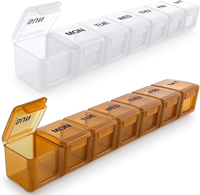 BUG HULL Weekly Pill Organizer Large 2 Packs, Extra Large Travel Pill Organizers, Pill Box 7 Day, Travel Pill Case, Medicine Pill Organizer for Vitamins, Supplements and Medications (Brown+White)