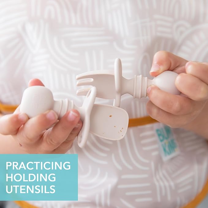 Bumkins Baby Utensils Set, Chewtensils Silicone Spoons for Dipping, Self-Feeding, Baby Led Weaning, Trainer Learning, First Stage Eating, Soft Practice Fork and Spoon, Babies 6 Months, Sand Beige