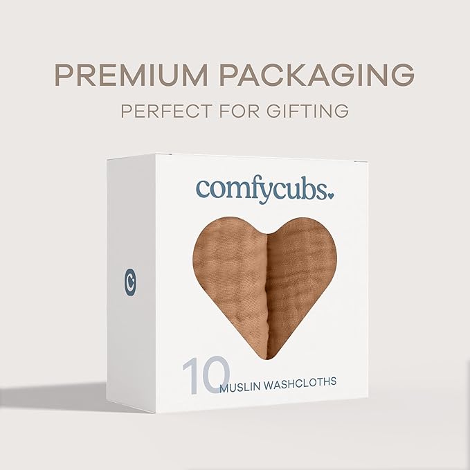 Comfy Cubs Muslin Baby Washcloths 10 Pack - Soft 6-Layer Cotton Wash Cloths for Sensitive Skin - 10"x10" Large, Gentle, Absorbent Infant Essentials for Newborn and Toddlers - Caramel