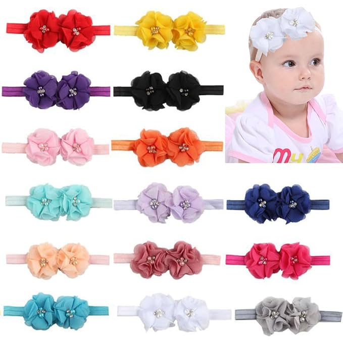 FZBNSRKO Baby Girls Floral Headbands Set,15 Pack Mixed Baby Chiffon Headbands Baby Girl Flower Headband Elastic Hairband for Newborn Toddler Hair Accessories(2 flowers)