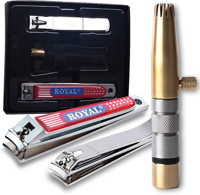 ROYAL [Made in Korea] NO Battery,3 Pcs Nose Hair Trimmer Set,Value Pack(Nose Hair Trimmer with 2 Nail Clippers) The Best Gift for Family, (Black&Brass)