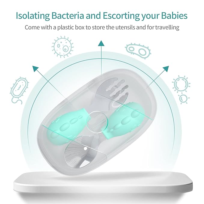 Deejoy Toddler Utensils - Stainless Steel Spoons and Forks, Kids Silverware Self Feeding Flatware Set with Travel Safe Case (Green)