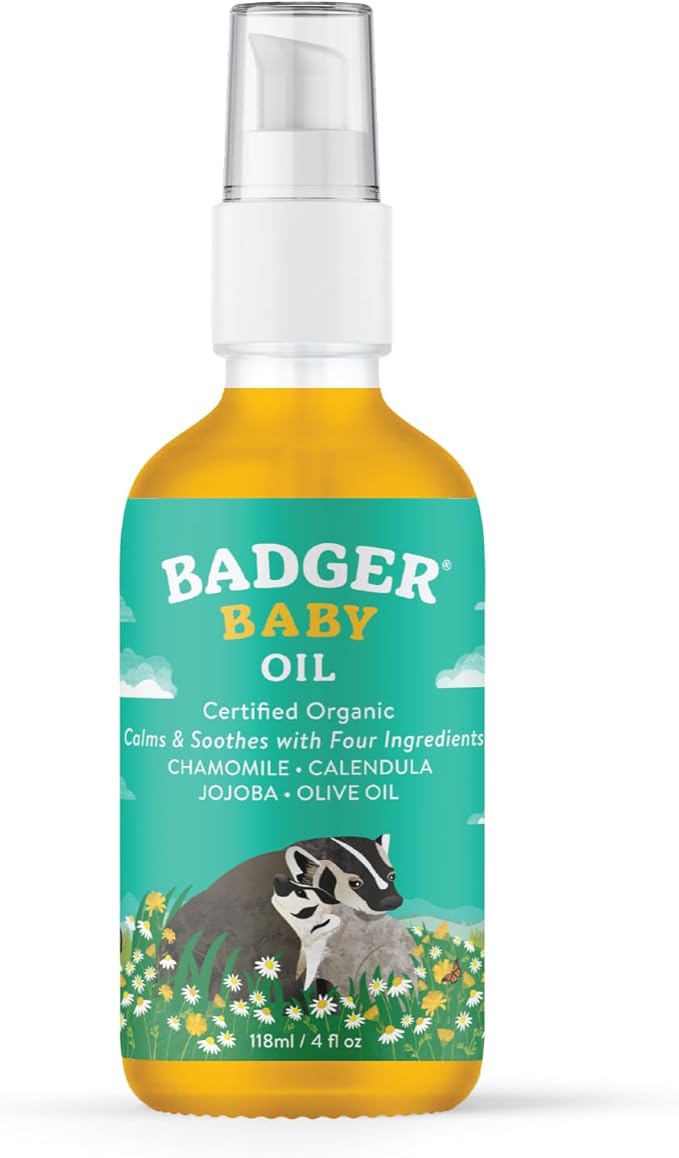 Badger Baby Oil, 100% Organic Ingredients to Soften & Moisturize Dry Skin or Cradle Cap, Soothing Vegan Organic Baby Oil, 4 fl oz Glass Bottle