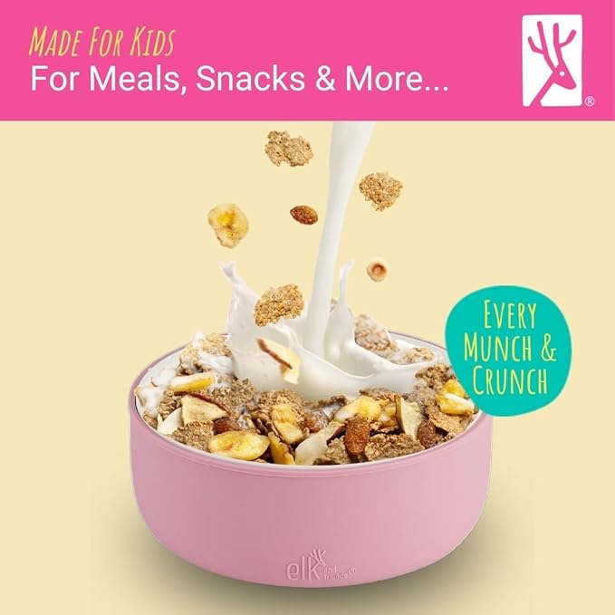 Elk and Friends Kids Porcelain Bowls with Silicone Suction Sleeve + Silicone Lid | Kids/Toddler/Baby Feeding | Microwave & Dishwasher Safe | Non slip | Cereal/Soup/Snack Dishes & Dinnerware
