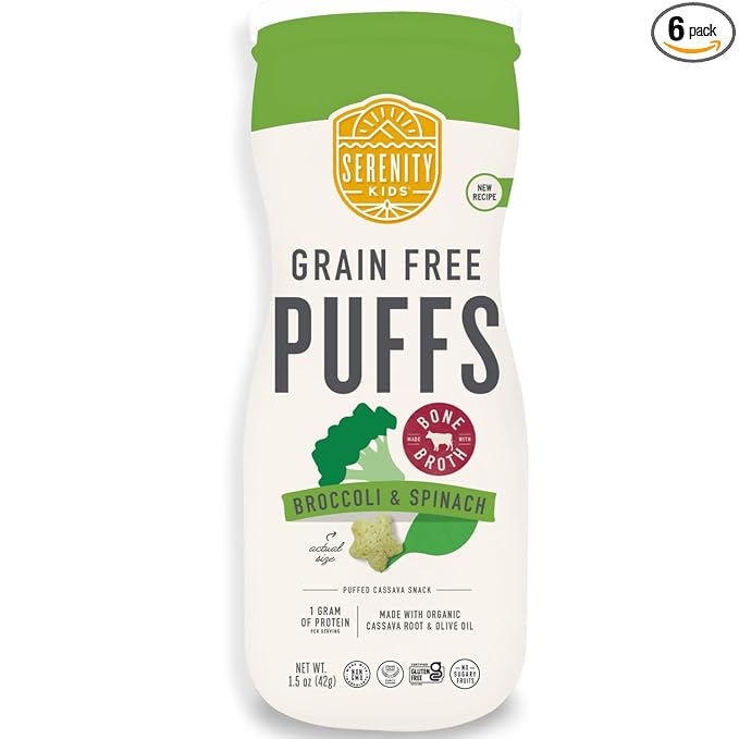 Serenity Kids 6+ Months Baby Veggie Puffs Toddler Snacks - Grain & Gluten-Free No Added Sugar - Organic Cassava Broccoli & Spinach - 1.5 Oz, 6 Pack