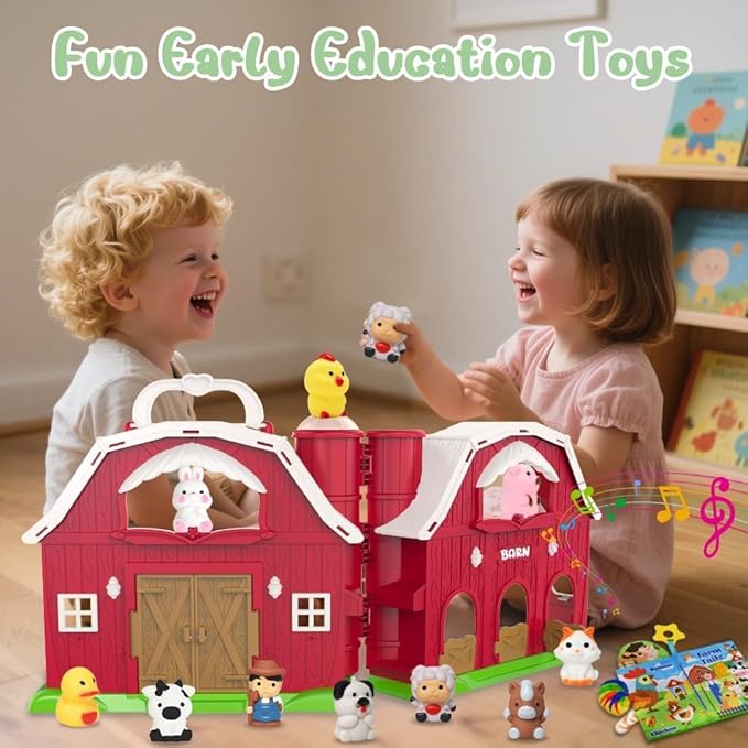 Kimicare Big Musical Red Barn Toy Farm Animal Finger Puppets for 1 2 3 4 5 Years Old, Animal Figures Playset with Farm Tails Baby Book, Sensory Learning Toys Gift for Toddlers Boys Girls