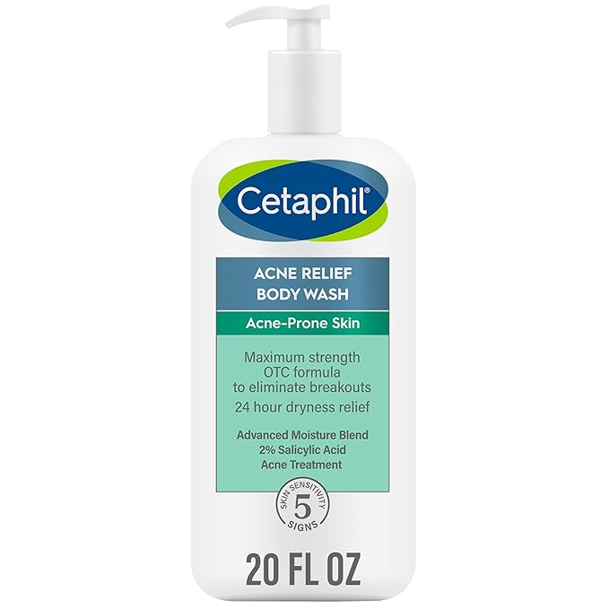 Cetaphil Body Wash, Acne Relief Body Wash with 2% Salicylic Acid to Eliminate Breakouts, Gently Exfoliates and Provides 24Hr Dryness Relief, 20 oz