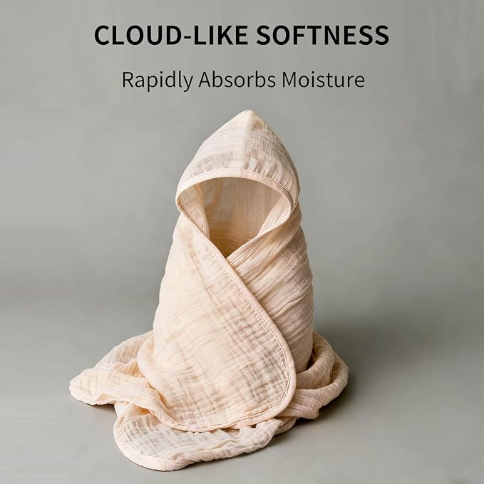 Organic Muslin Hooded Baby Bath Towels - 2 Pack 100% Organic Cotton Towel for Babies, Infants, Toddlers - 32x32Inch - Highly Absorbent and Newborn Essential (Brown Blue)