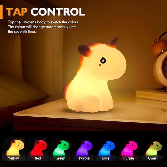 Unicorn Night Lights for Girls Bedroom, Cute Silicone Kids Night Light, Rechargeable LED Night Lamp Squishy Kawaii NightLights for Baby Nursery Children Toddlers Teen Christmas Girls