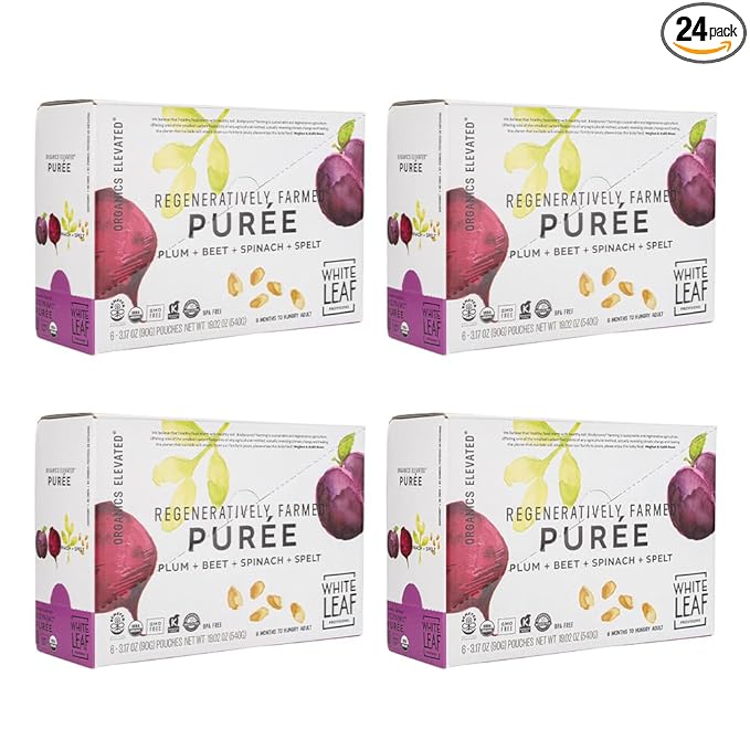 White Leaf Provisions Organic Purees / Baby Food Pouches - Fruits, Veggies & Grains, Toddler snack, Regeneratively Farmed, No Added Sugar, Non-GMO, BPA-Free Pouches 3.17 oz (Pack of 24, Plum + Beet + Spinach + Spelt)