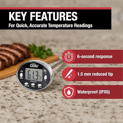 CDN Thin Tip Thermometer | ProAccurate®, 4.75" Stem, Digital, Hold, Max, Waterproof, NSF Certified, Ideal for Cooking, Brewing - DTQ450X