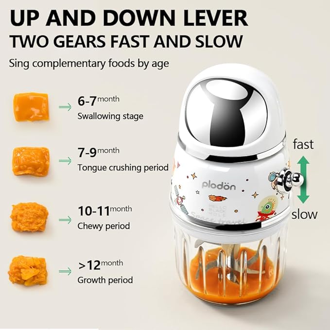 Baby Food Maker Mini Cute and Small Food Processor Puree Blender Grinder Chopper 1.2 Cup Glass Bowl with 6 Blade Electric (Spaceman-White)