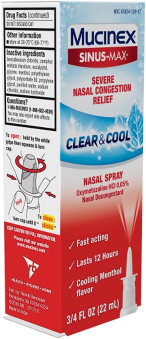 Mucinex Nasal Decongestant Spray, Sinus-Max Severe Nasal Congestion Relief Clear & Cool Nasal Spray, Lasts 12 Hours, Fast Acting, Cooling Menthol Flavor, Packaging May Vary, 0.75 Fl Oz (Pack of 6