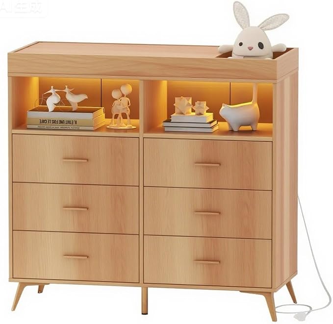 Changing Table Dresser with Drawers, Baby Dresser with Changing Table Top, Power Outlet, LED Light & Metal Feet, Diaper Changing Station Nursery Organizer for Infants Newborn (Natural)