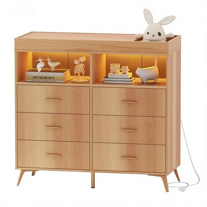 Dresser for Bedroom with 6 Drawers, Multi-Functional Nursery Dresser with LED Lights & Charging Station,Baby Changing Table Table with Diaper Changing Station