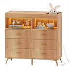 Dresser for Bedroom with 6 Drawers, Multi-Functional Nursery Dresser with LED Lights & Charging Station,Baby Changing Table Table with Diaper Changing Station