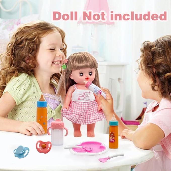 Baby Doll Accessories Magic Bottle Set - 11 Pieces Doll Feeding Pretend Playset with Disappearing Milk & Juice Bottles, Pacifiers Bowl Diaper and Bib Doll Bottle Toys set Gift for Kids Girls Ages 3+