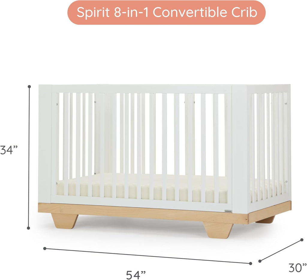 dadada Spirit 8 in 1 Convertible Crib to Toddler Bed & Floor Bed, Made in Italy, Greenguard Gold Certified, Adjustable Mattress Heights (White + Natural)