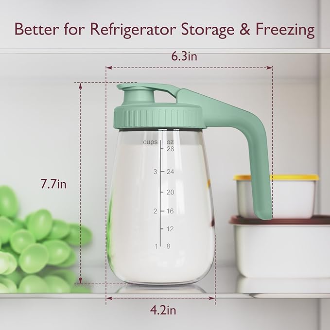 Momcozy Breast Milk Pitcher, Resistant to Heat and Cold Abrupt Temp Swings, No Leak Glass Breast Milk Fridge Storage Container with Wide Mouth, Fast Baby Formula Maker, Green