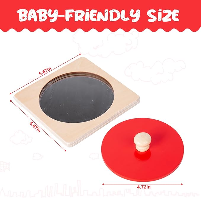 Montessori Baby Toys Play Kit Montessori Mirror Peekaboo Knob Puzzle, Medium Spinning Drum and Rainbow Fabric Ball Kit Toys for6-12Months Toddlers (Mirror Peekaboo Knob Puzzle)