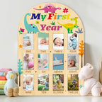 ORIGACH My First Year Baby Growth Photo Display Wood Board - 12 Months Newborn Milestones Photo Board - Neutral Baby Keepsake Board 1st Birthday Party Nursery Decor New Mom Gift - Dinosaur