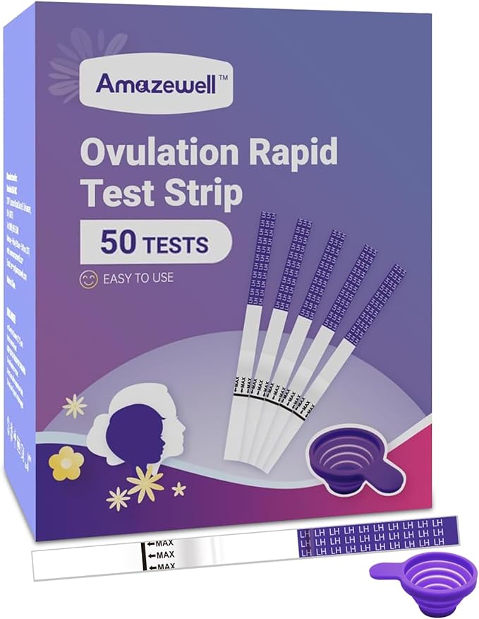 Ovulation Test Strips with Cups, Amazewell Ovulation Strips Fertility Test for Women Ovulation Predictor Kit for Home, 50pcs LH Test Strips Ovulation Kit Bulk+ +1 Urine Cup, Easy Grip, High Accuracy