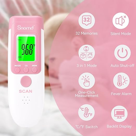 Digital Non-Contact Infrared Forehead Thermometer for Adults, Kids, and Baby, 3-in-1 Medical Grade Thermometer with Fever Indicator, Instant Reading, Backlit LCD Display