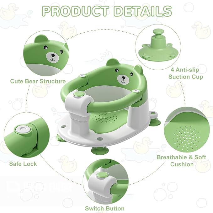 Baby Bath Seat for Babies 6 Months & up, Non-Slip Toddler Bath Seats for Babies Sitting Up, Safe Infant & Newborn Bathtub Chair with 4 Suction Cups & Soft Cushion for Shower,Green