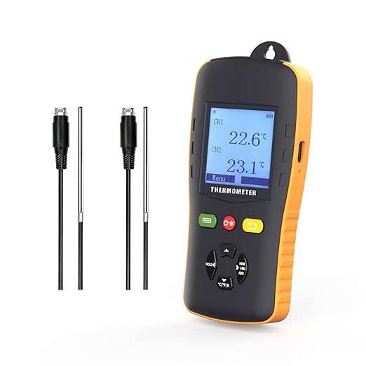 Tzone PT100 Thermometer Data Logger with Probe,Handheld USB Temperature Logger with Sound Alarm Temp Calibration,Industrial Digital Dual Channel RTD Thermometer Recorder with Auto Report 61440 Groups