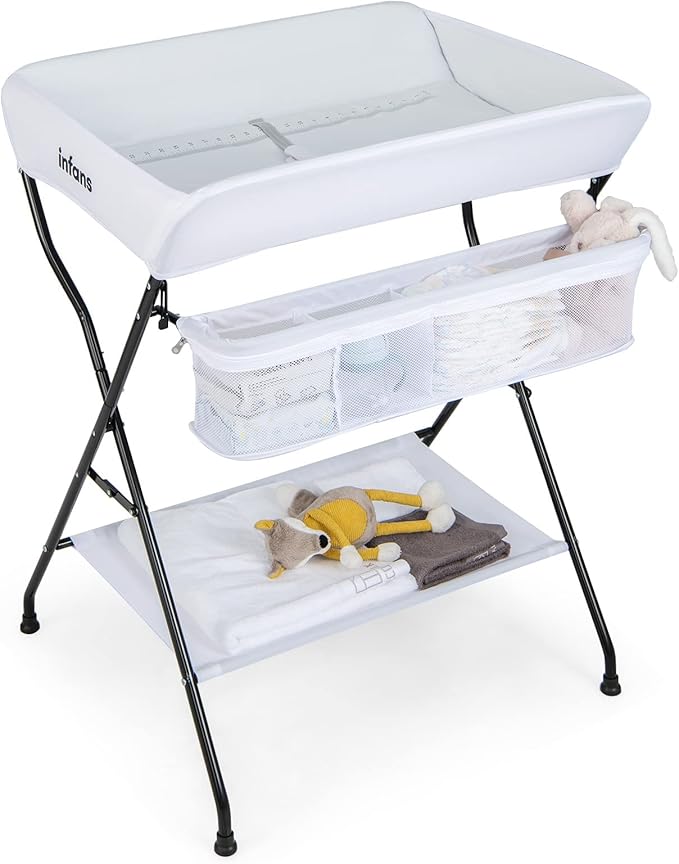 INFANS Baby Changing Table, Folding Diaper Station Portable Nursery Organizer with Safety Belt and Large Storage Racks for Newborn Baby and Infant (White)