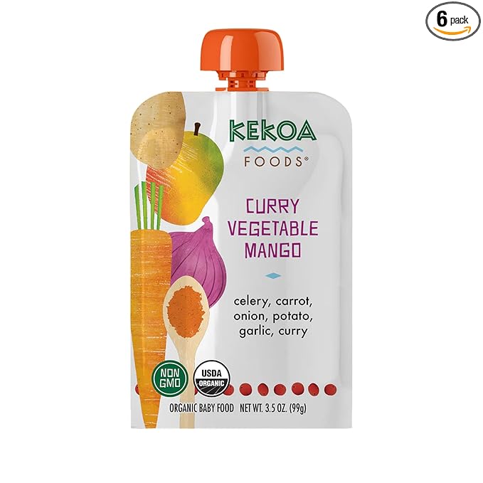 Kekoa Foods Curry Vegetable Mango Baby Food Purée | 100% USDA Certified-Organic, No Sugar Added | Organic, Non-GMO, Gluten-Free, Vegan | Mild Curry with Celery, Carrot & Potato | 3.5 oz Squeeze Pouch