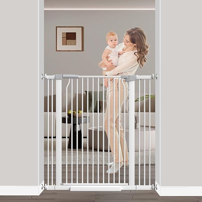 40.5" Extra Tall Baby Gate for Stairs, 29.6"-40.5" Extra Wide Dog Gate Indoor for The House, Auto Close Pressure Mounted Safety Child Toddler Gate, Pet Gate for Doorways Kitchen, White